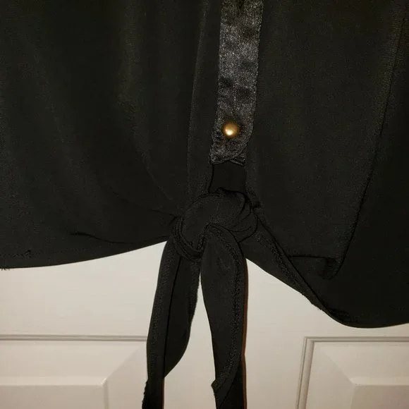 Dress barn black sleeveless top with silky trim, brass buttons - Picture 4 of 5